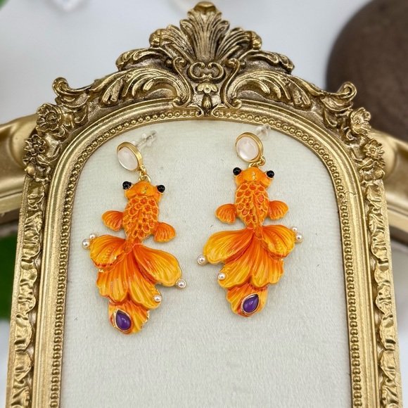 Statement Goldfish Earrings – Hand-Painted Enamel & Pearl Detail - Picture 1 of 10